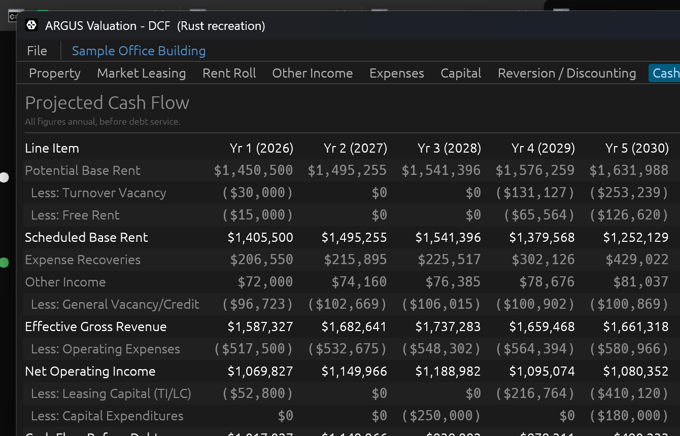 Rust valuation model showing annual cash flow for a sample office building